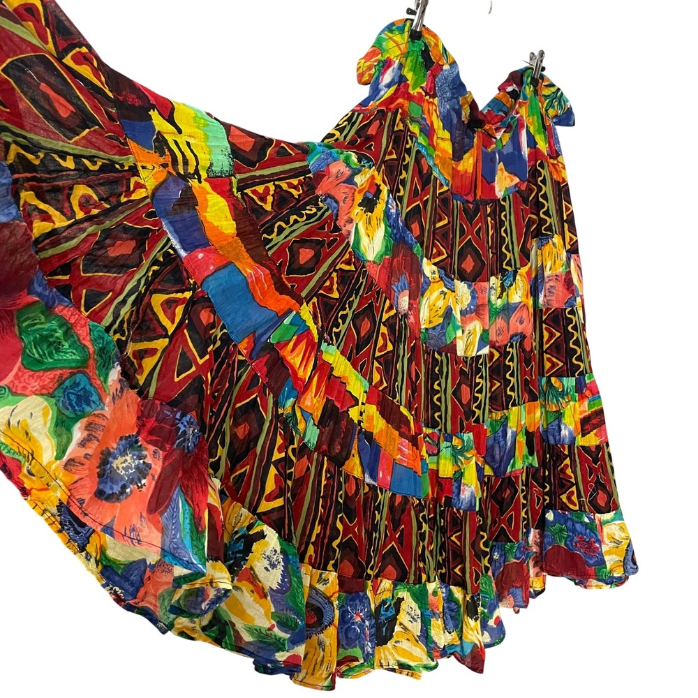 Vintage Hippie Skirt Colorful Tiered Floral Geometric Print Boho Broomstick Midi